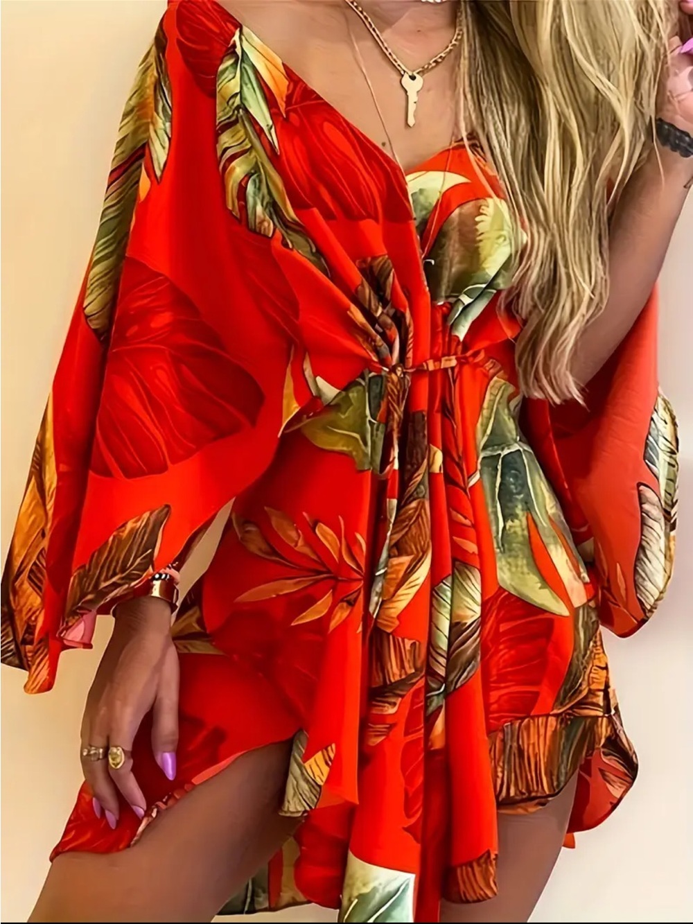 Red Multicolor Batwing tie waist cover-up dress